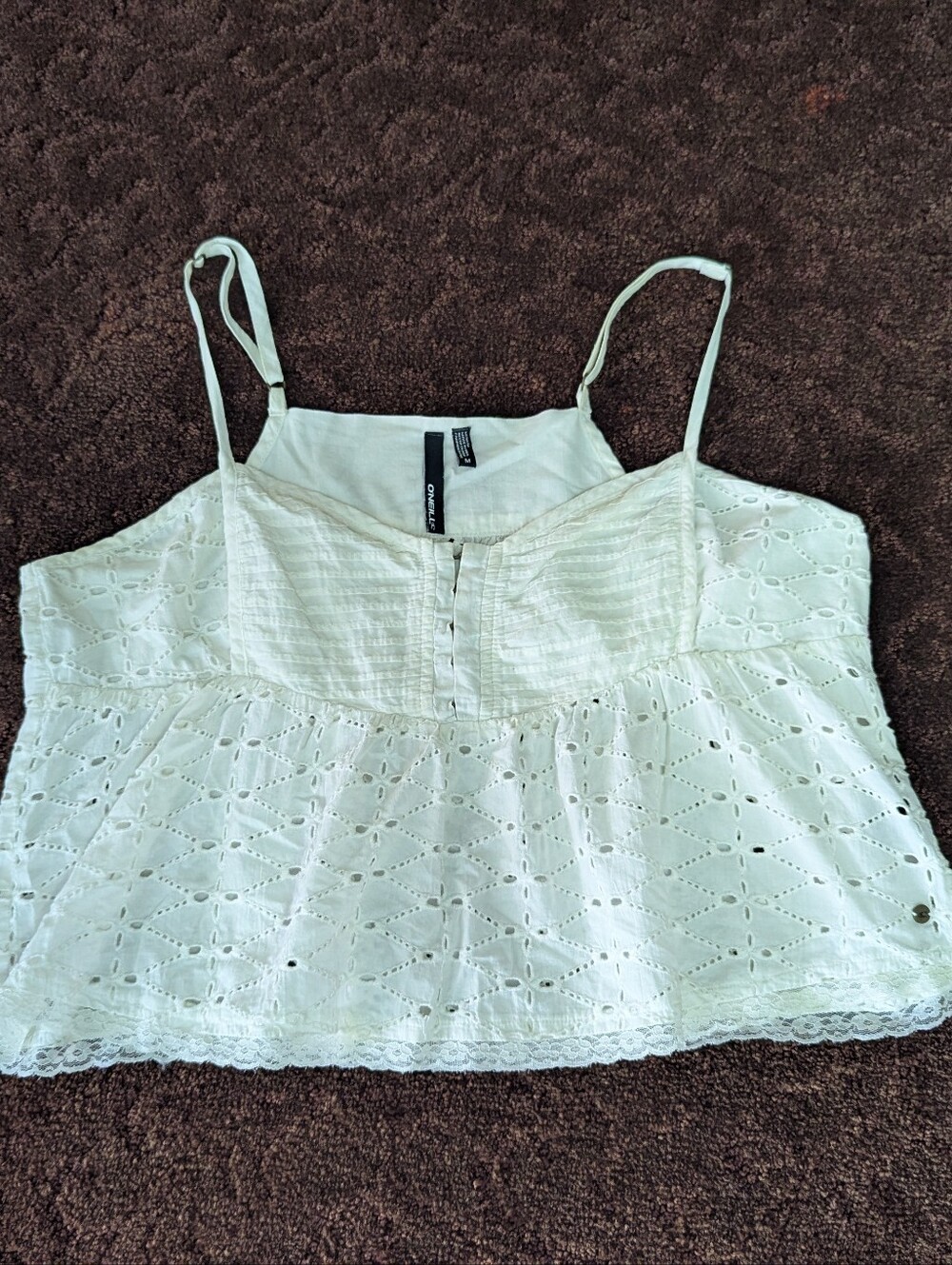 O'Neill Off White Eyelet Lace Baby Doll Crop Top Adjustable Spaghetti Strap